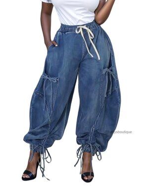 High Waist Barrel Leg Baggy Denim Cargo Joggers Wide Leg Drawstring